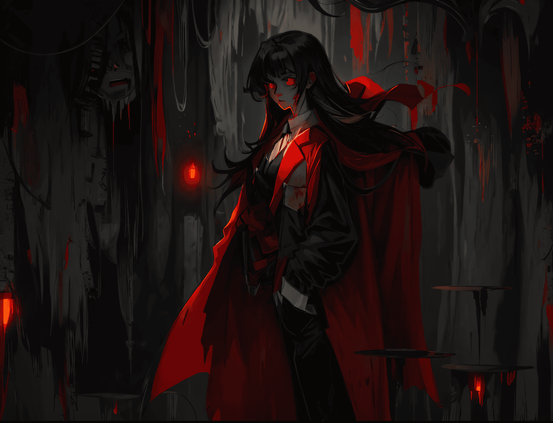 AI generated: anime character with long black hair and red cape walking in a dark room, gapmoe yandere grimdark, y...