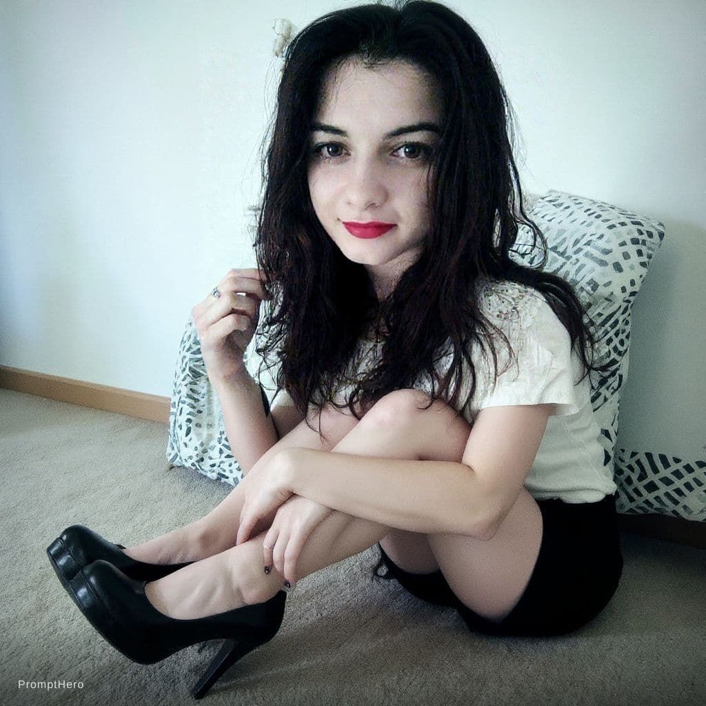 AI generated: Use the girl in the picture, sit on the floor with black goth high heels 