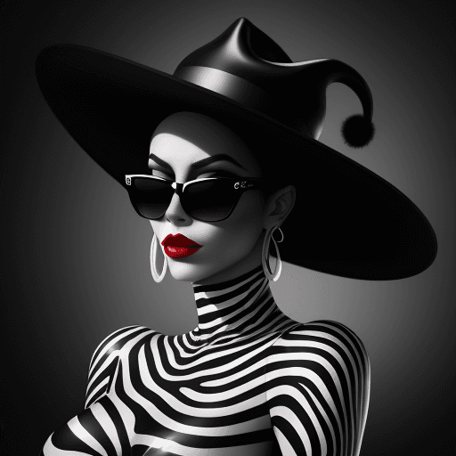 AI generated: High fashion photography of a woman fully dressed like a zebra, only her glossy red lipstick can be ...