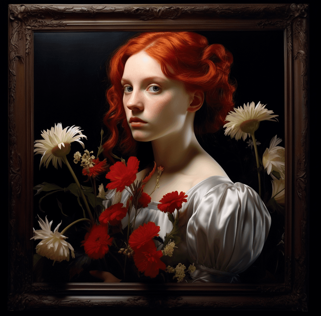 AI generated: a painting of a young woman with red hair and flowers, in the style of tom chambers, dark white and ...