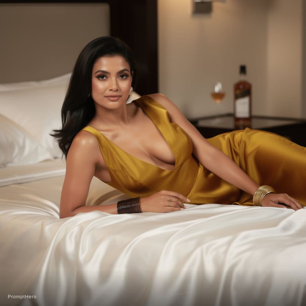 AI generated: woman with long, flowing black hair lying gracefully on a bed with white silk sheets. She is wearing...