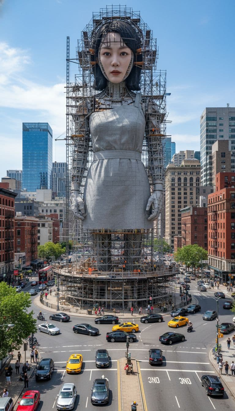 AI generated: An ultra-realistic, giant statue (based on the uploaded photo of the person) stands in the center of...