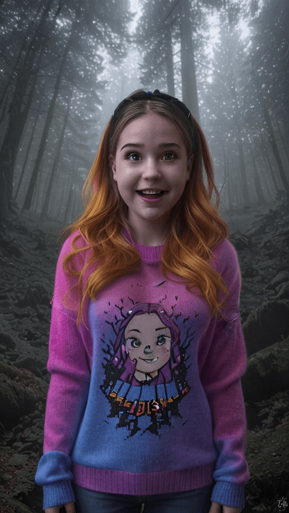 AI generated: (HDR1:1)Mabel Pines In favorite sweater, from Gravity Falls, captured in an epic photoart in the sty...
