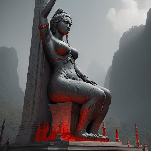 AI generated: a large statue with a woman looking at it, in the style of unreal engine 5, malaysia's terrain, movi...