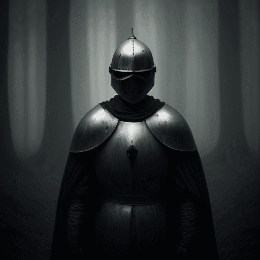 AI generated: dull outdoor forest, photo of a knight with no face, wearing opened helmet no face helmet, dull and ...