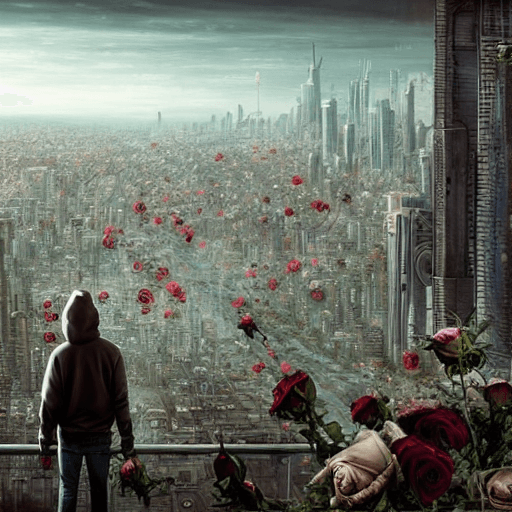AI generated: post-apocalyptic panoramic cityscape with a man in a hoodie holding a bouquet of roses in one hand o...