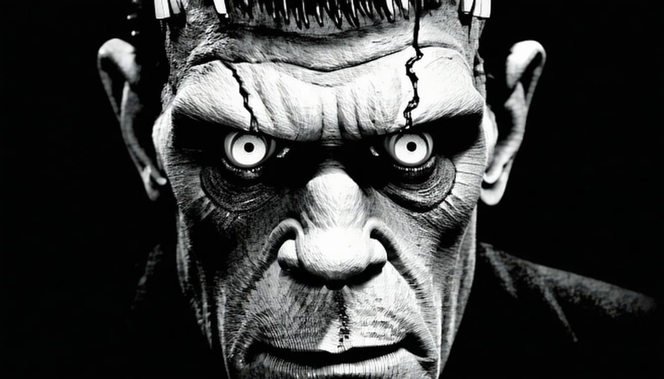 AI generated: Ultra-detailed close-up portrait of Frankenstein’s monster, black-and-white gothic horror illustrati...
