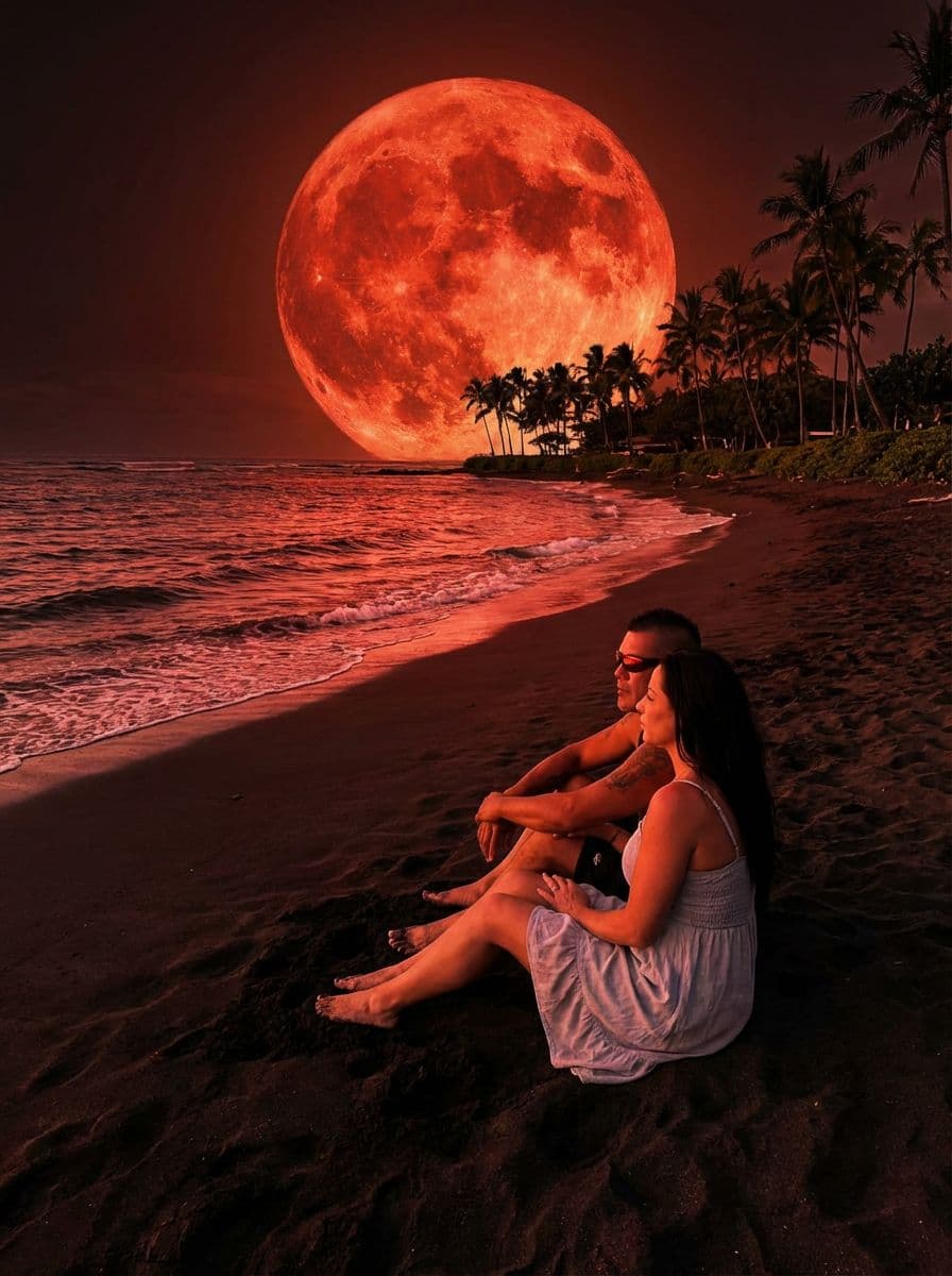 AI generated: Sitting in the dark under the red bright, big full moon on a beach in Hawaii together