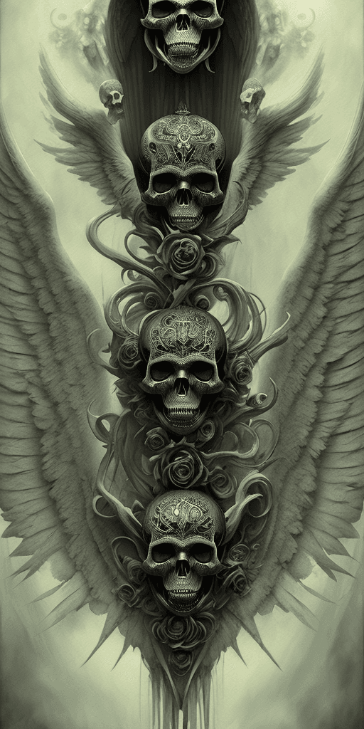 AI generated: beautiful angel with skull mask, cinematic pose, symmetry, ink dropped in water by Tom Bagshaw and S...