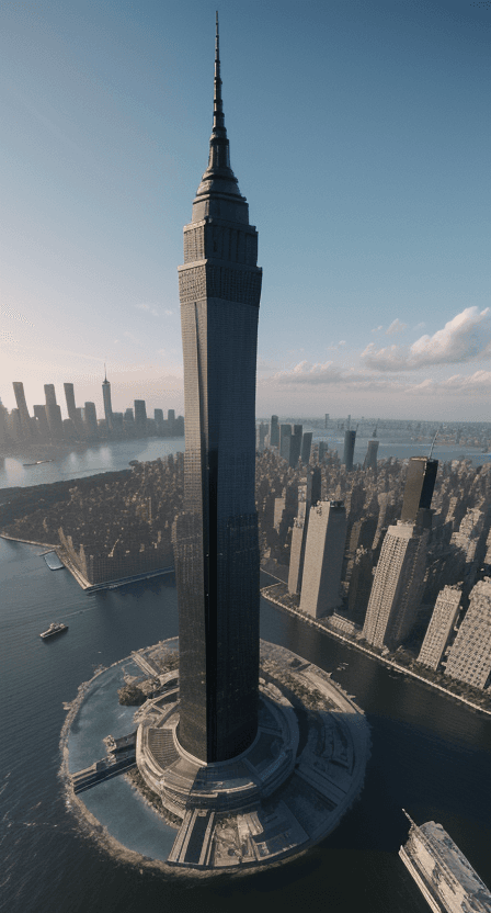 AI generated: aerial view of a giant fish tank shaped like a tower in the middle of new york city, 8k octane rende...