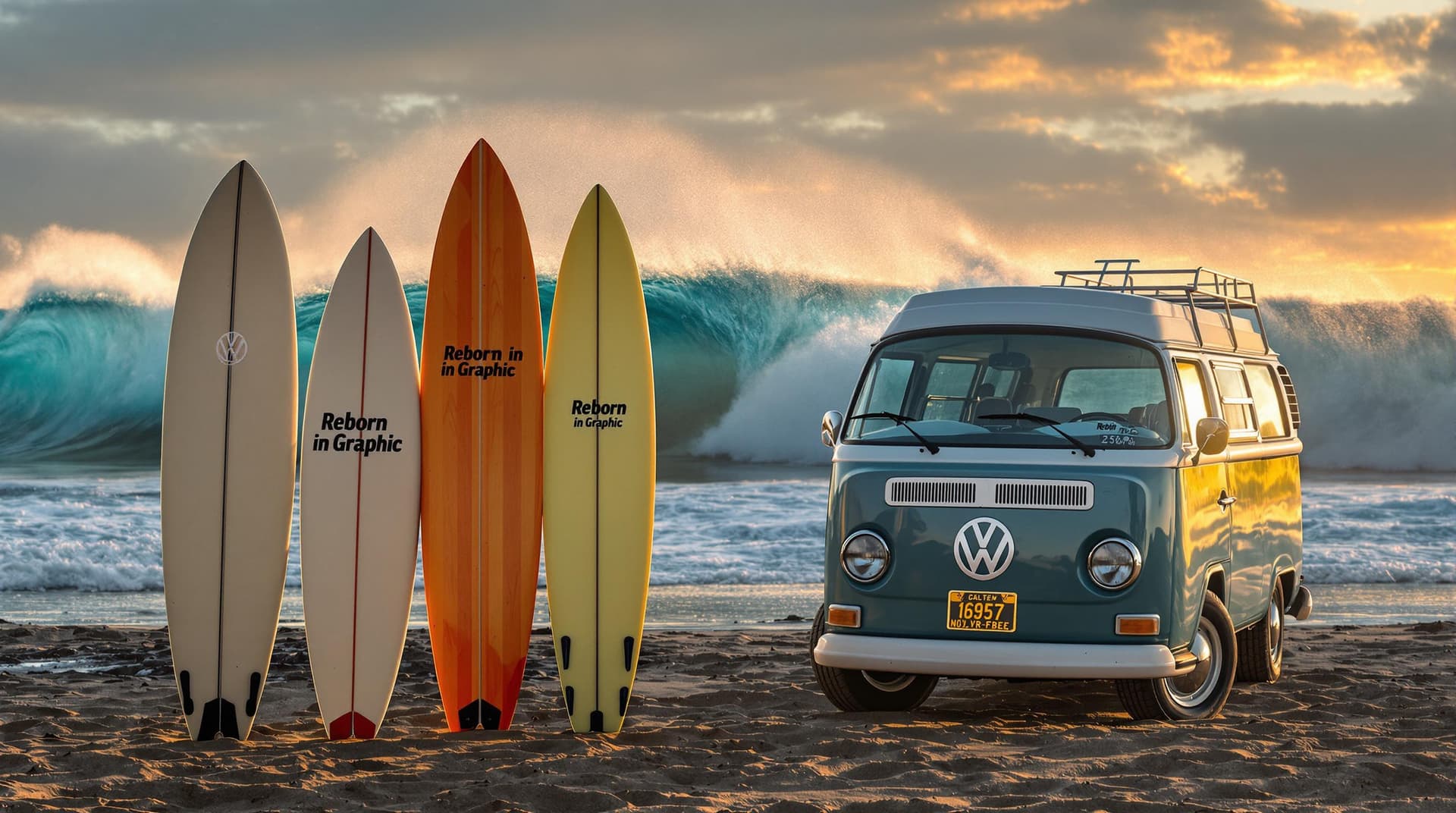 AI generated: A highly detailed distant ,ultra high definition pro photo of a five surfboards standing in the sand...