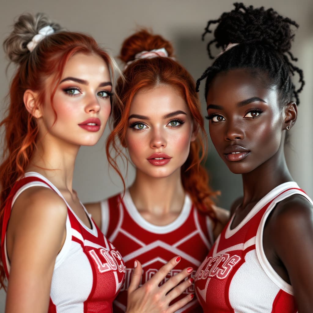 AI generated: A very realistic hd  picture of 3 18 year old cheerleaders, the oufit features the colors red and wh...