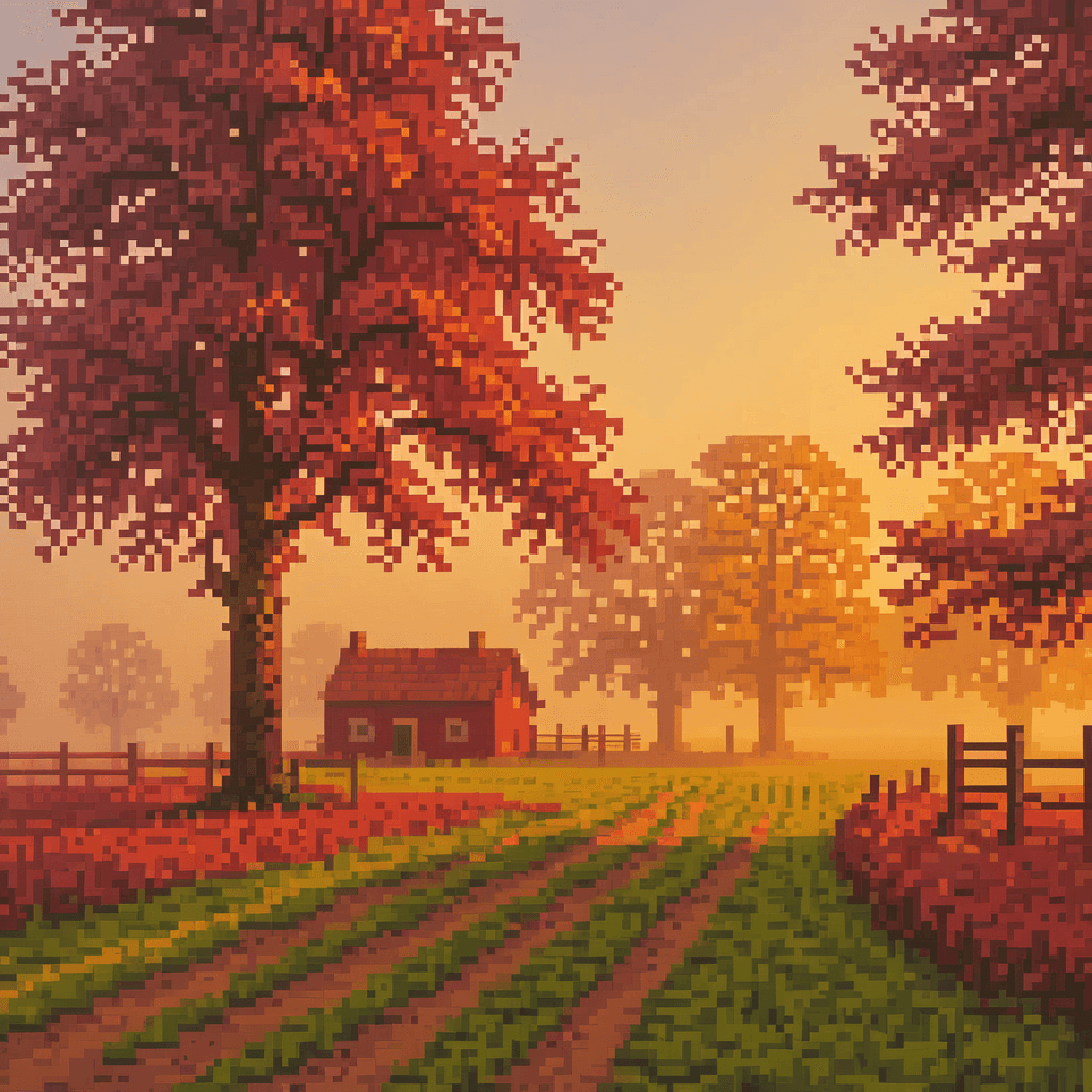 AI generated: a rural scene and some trees, in the style of mist, wimmelbilder, red and amber, rollei prego 90, ph...