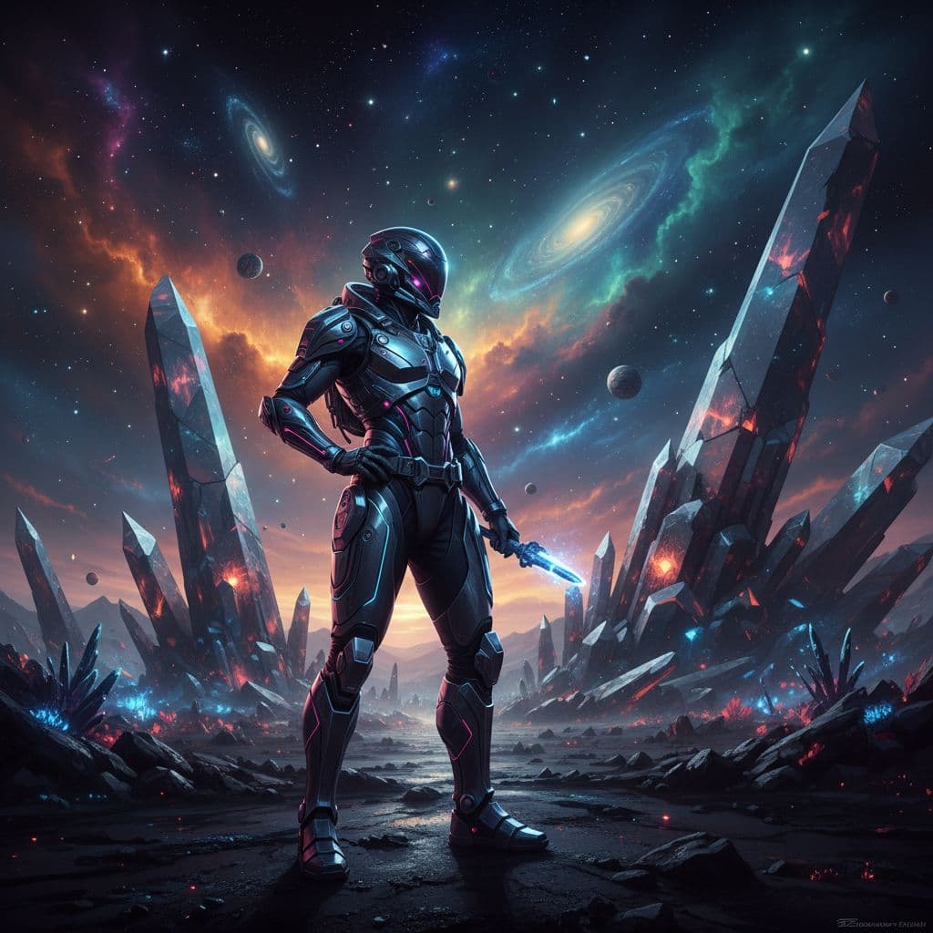 AI generated: Cinematic, sci-fi, photoreal masterpiece, a humanoid explorer with a high-tech exosuit, standing on ...
