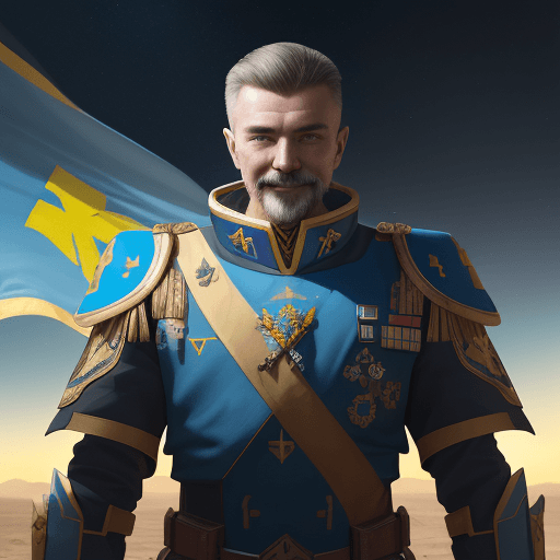 AI generated: a mid distance portrait of general Zaluzhnyi smiling, blue-yellow shield with Ukrainian trident, Ukr...