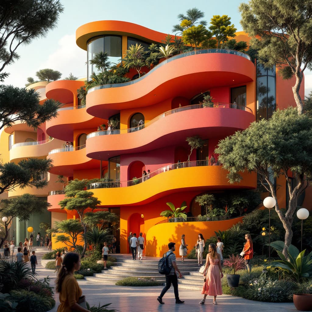 AI generated: award-wining, 5 story, vibrant color,, curved balconies, indirect sunlight,  people moving around in...