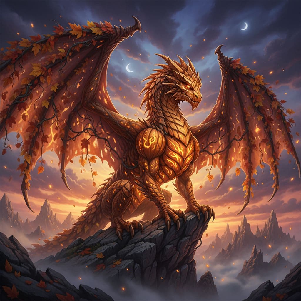 AI generated: A majestic Dragon with scales resembling carved pumpkin segments, glowing ember eyes, massive wings ...