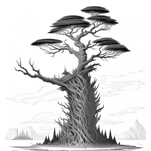 AI generated: A huge dead tree growing on the floating island,in the air,Coloring bookprint,Steampunk,mechanical,c...
