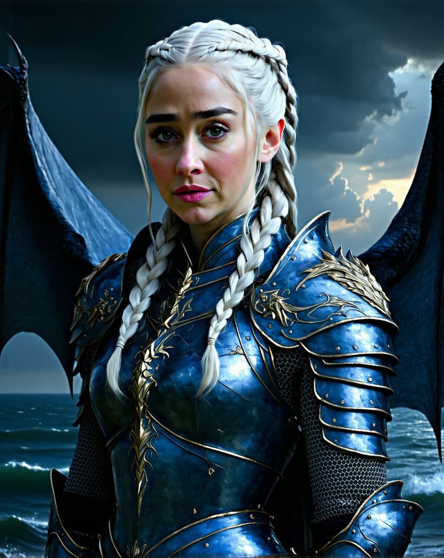 AI generated: 
Oil painting of Daenerys Targaryen, Mother of Dragons, with her silver hair intricately braided, we...