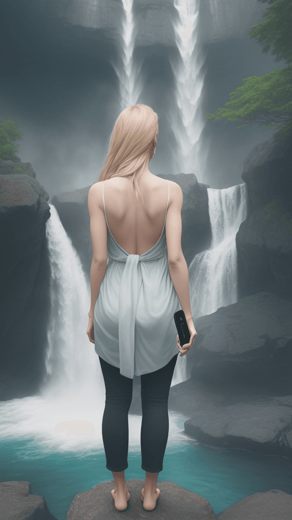 AI generated: blonde woman's hand holding a smartPhone, taking a photo of her boyfriend standing on the edge of a ...