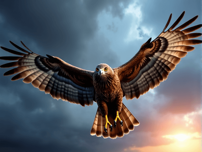 AI generated: create a highly detailed, photorealistic image of a large, powerful hawk in mid-flight against a dra...