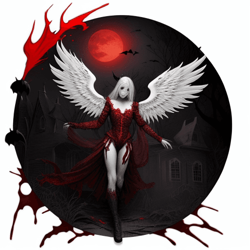 AI generated: In the moonless night, a male angel with white red splash wings, horror Halloween scene, intricate, ...