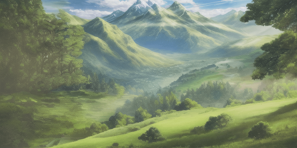 AI generated: a beautiful green landscape, stunning light, breathtaking, golden sun, promised land, mountainrange ...