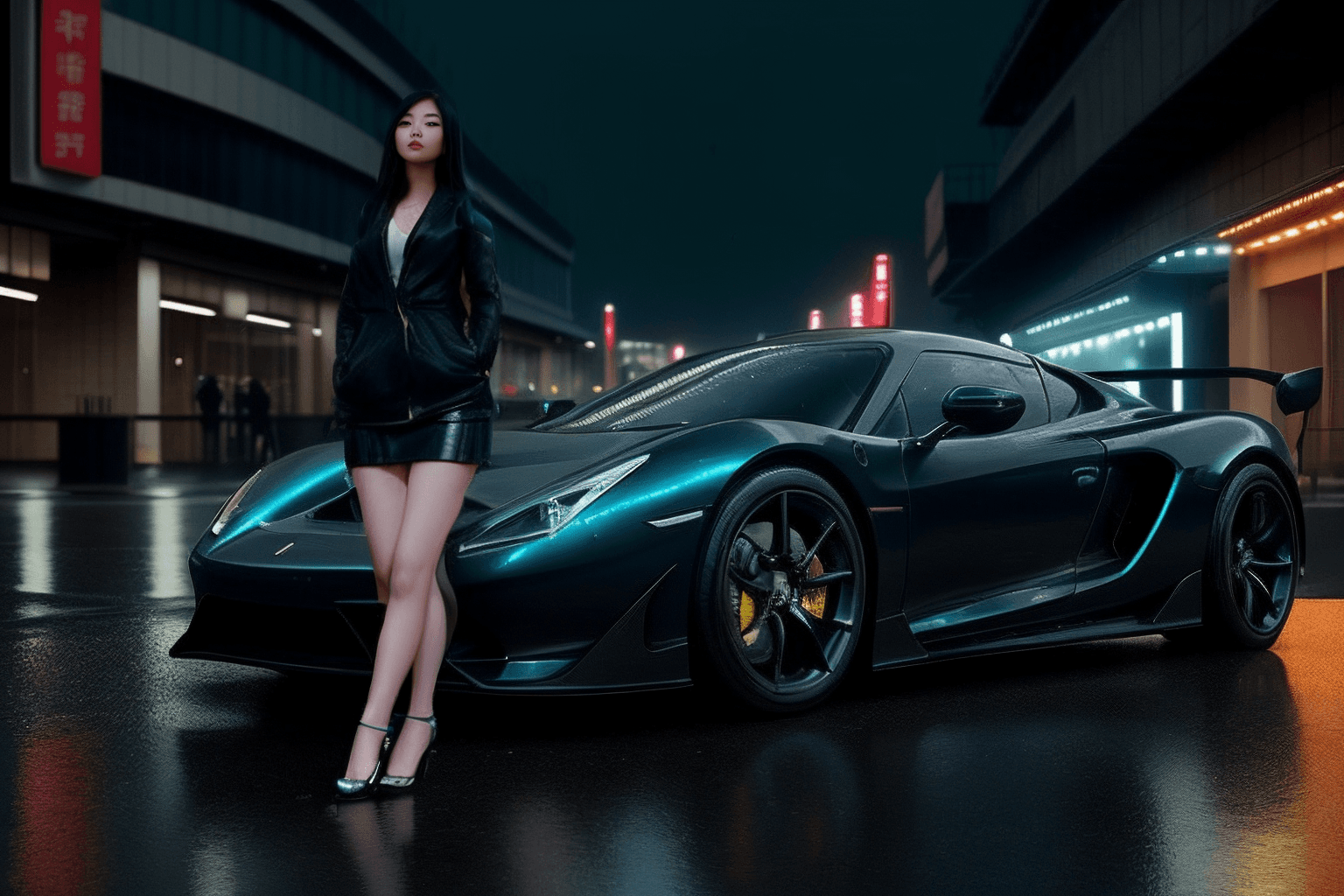 AI generated: beatiful asian girl near sports car, night, rainy, street, city lights, realistic