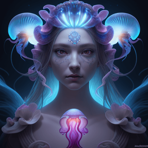 AI generated: Goddess close-up portrait ribcagel. jellyfish phoenix head, nautilus, orchid, skull, betta fish, bio...