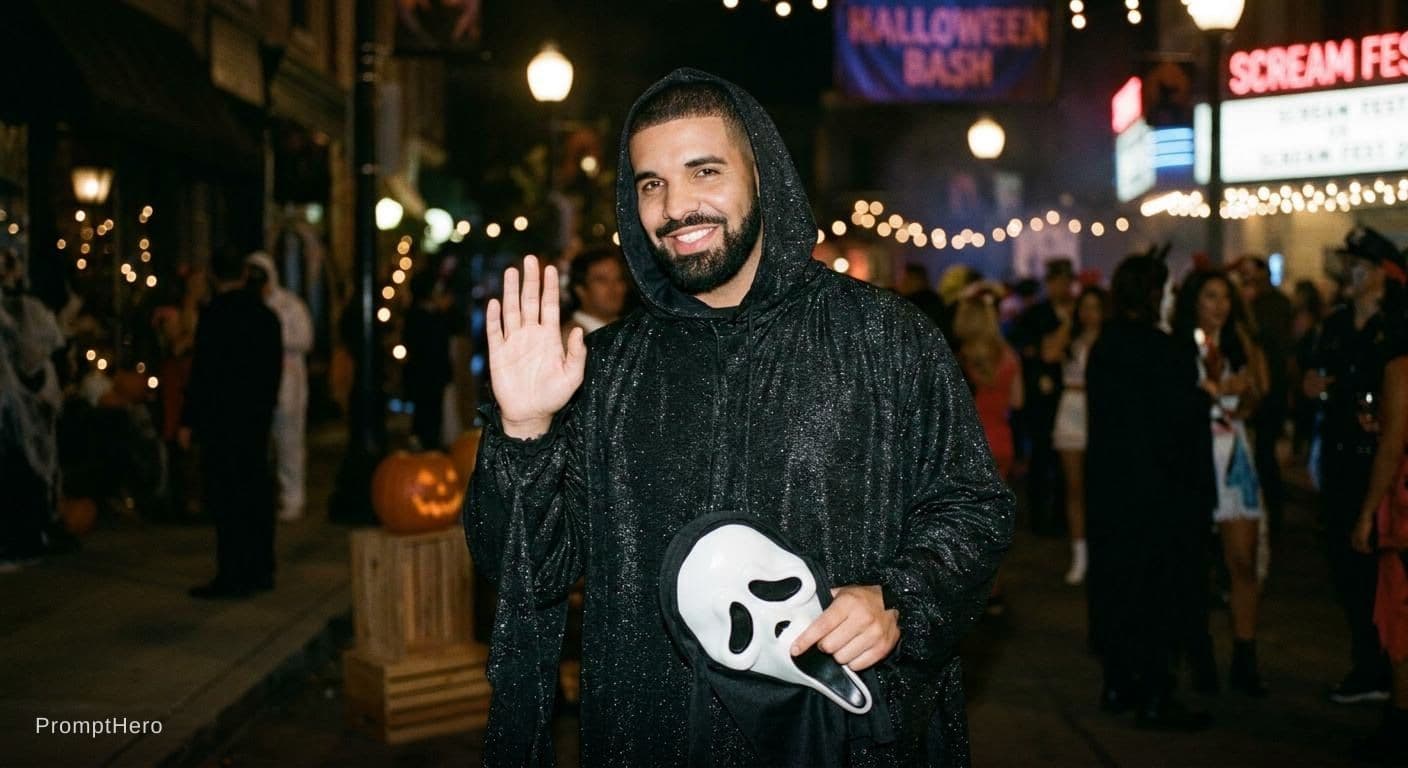 AI generated: Drake as Ghostface with mask off
