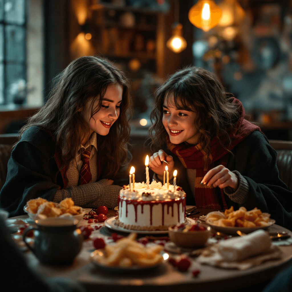 AI generated: one girl celebrating birthday over a cafe table with food, a feast and cake. and they are dressed in...