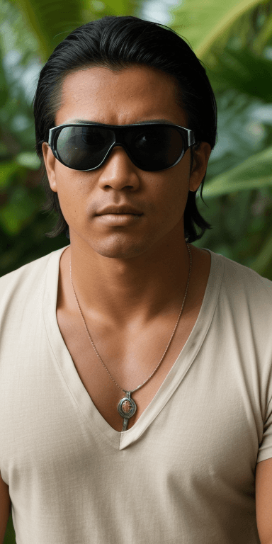 AI generated: hawaiian native, man, young, Face Closeup, mature, looking at viewer, wearing v neck t shirt, and te...