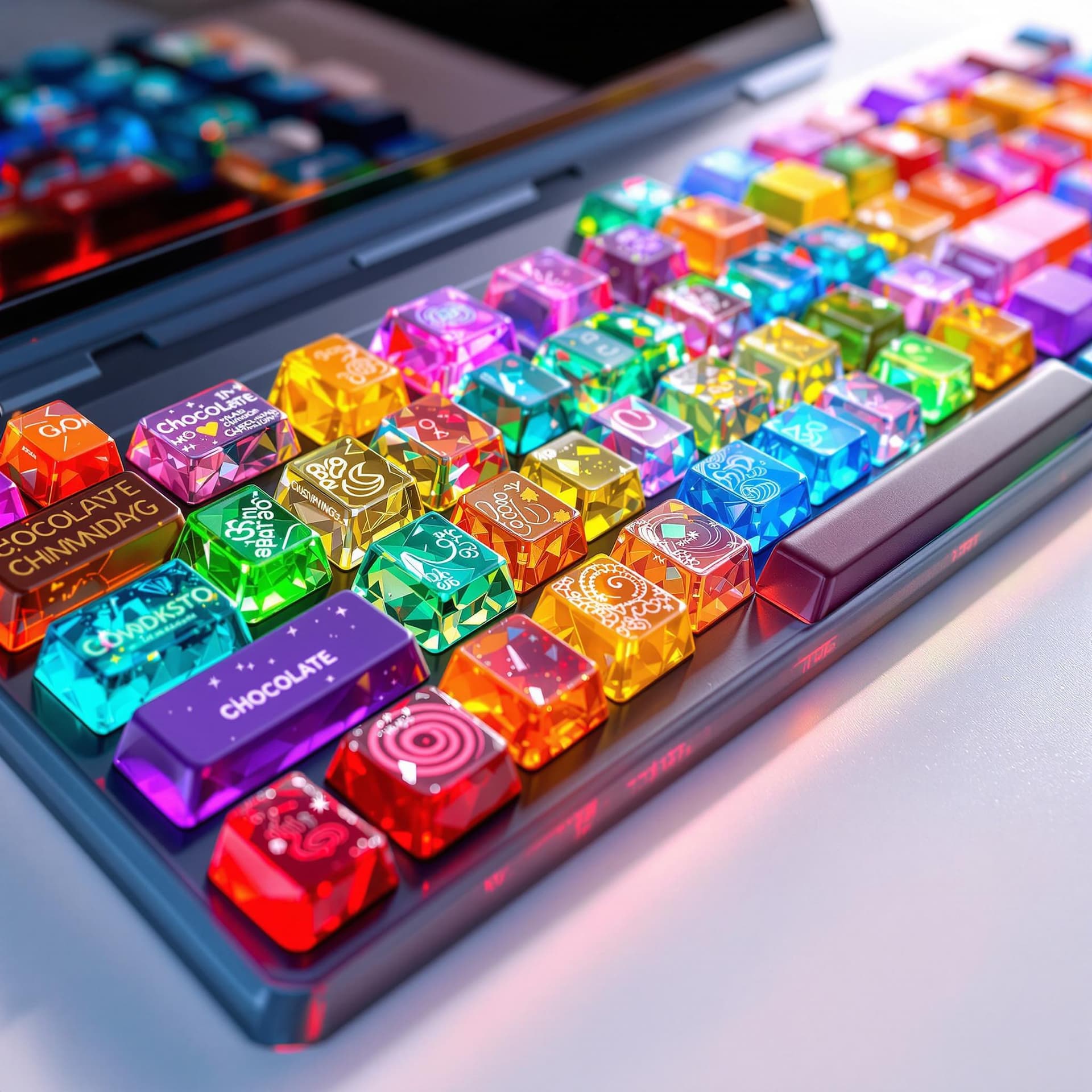 AI generated: A vibrant, highly detailed keyboard with keys crafted from various types of colorful candies, includ...
