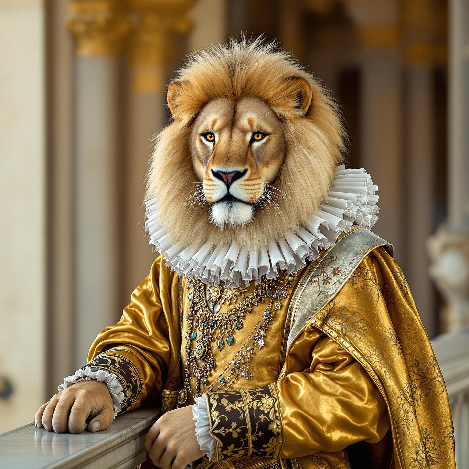AI generated: Asiatic Lion, renaissance costume, ruff collar, golden robe, studio portrait, noble demeanour, detai...