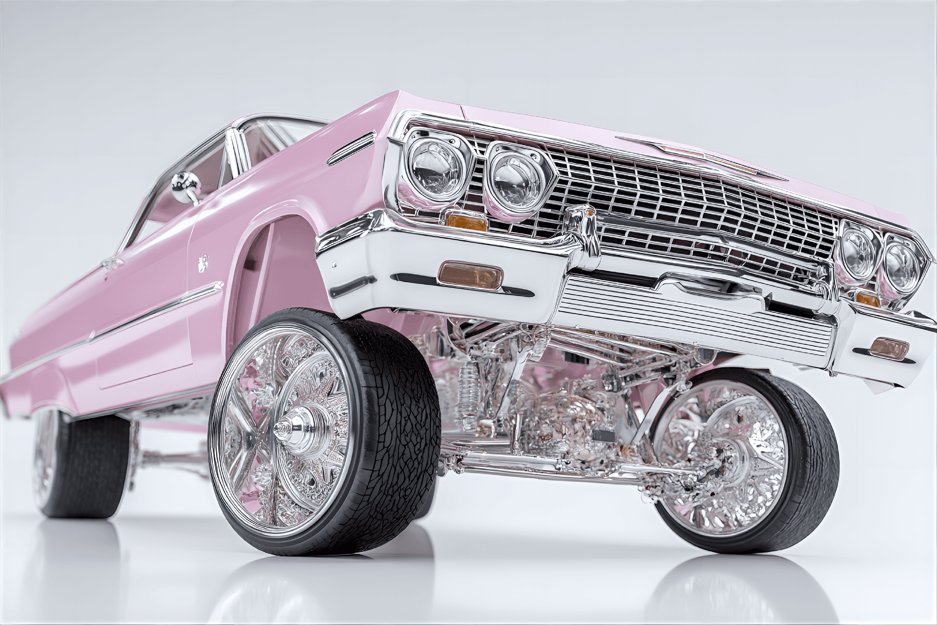 AI generated: highly detailed, low-angle view of a classic 1960s Chevrolet Impala lowrider car painted in glossy p...