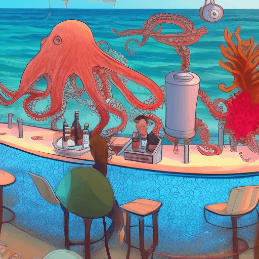 AI generated: octopus bartender serves fish customers at a beachside bar 
-variant 