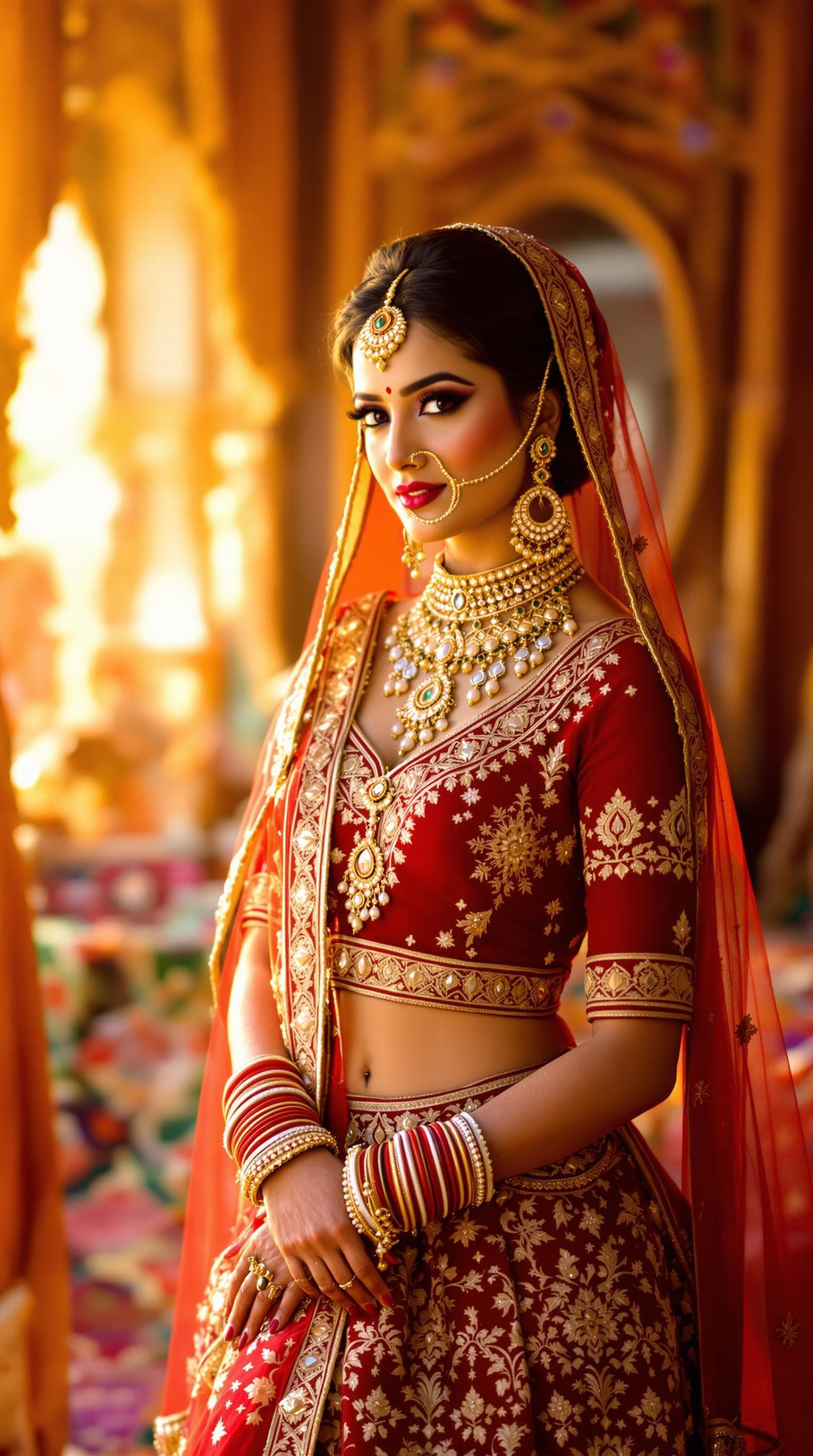 AI generated:  "A graceful Rajasthani woman dressed in a traditional deep red and gold lehenga, adorned with heavy...