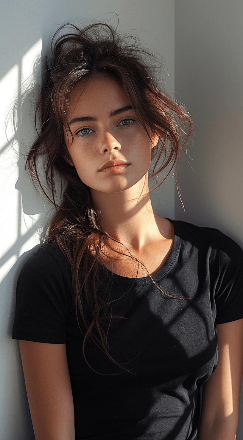 AI generated: woman in a black tshirt, in the style of sterling silver highlights, samyang af 14mm f/2.8 rf, reali...