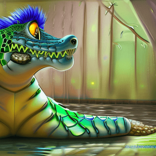 AI generated: furry art, uploaded on e621, furry, anthro, crocodile, blue bikini, huge breasts, soft, green csales...