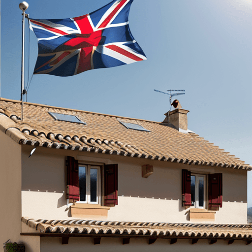 AI generated: Realistic photo. A British flag waving on a roof of a Catalan countryside house.