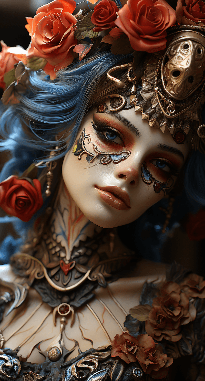 AI generated: a day of the dead female with sugar skeleton and floral hair, in the style of rendered in unreal eng...