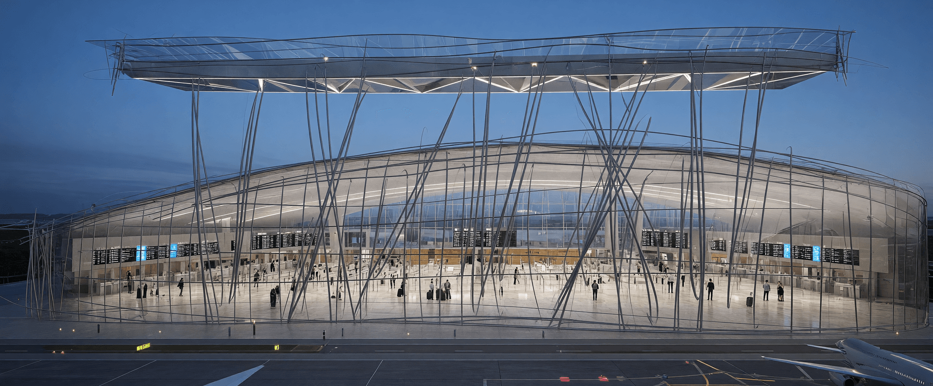 AI generated: Make this sketch building look like an airport terminal. Keep the lines and geometry of the picture.