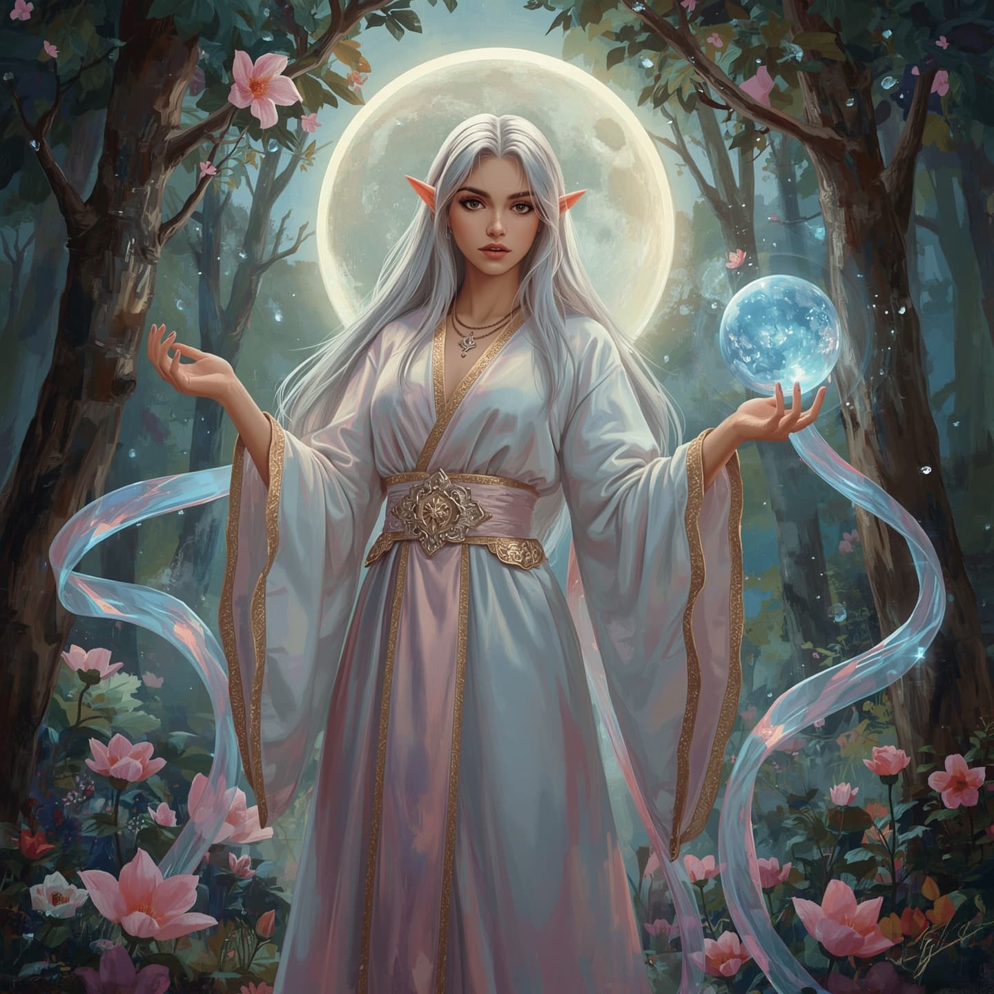 AI generated: female half-elf mage, pop-surrealist painting aesthetic, fantasy-inspired brush handling, pastel-opa...
