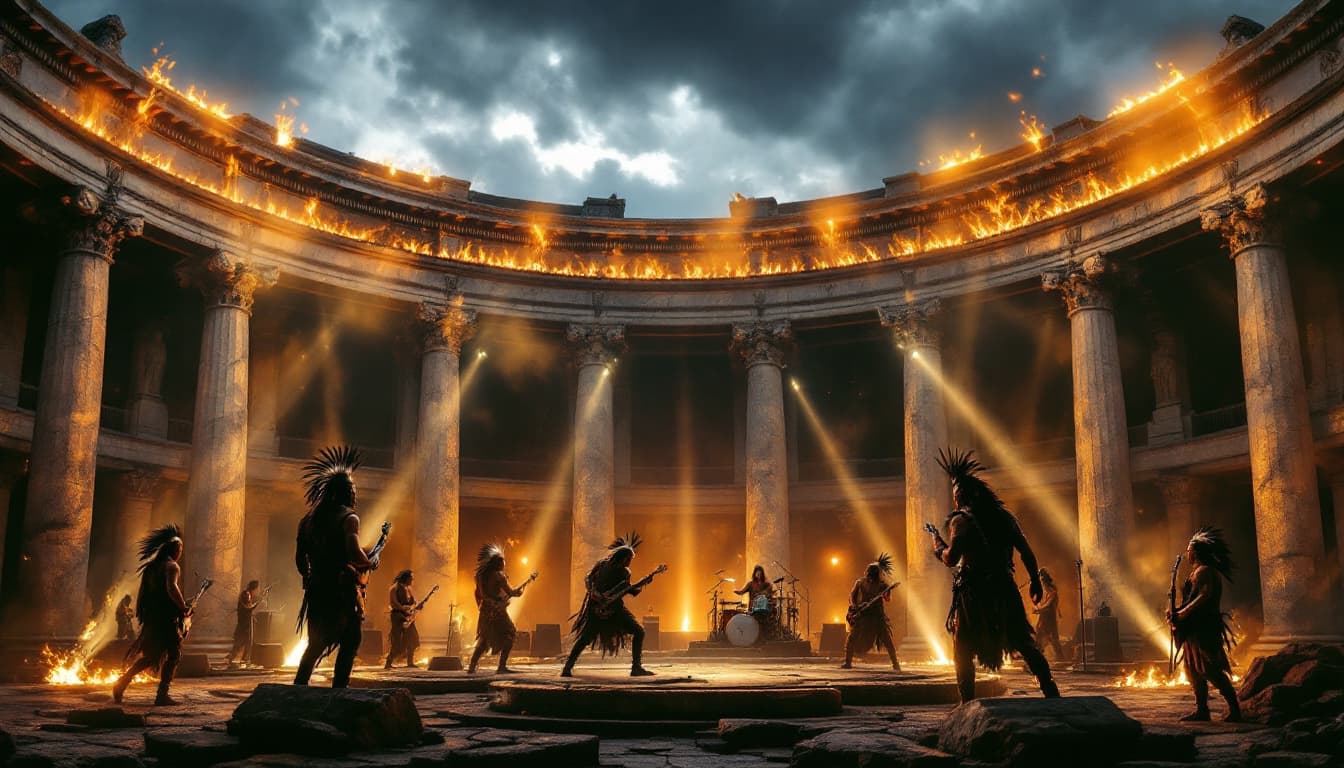 AI generated: Rock Concert in a Roman Classical Setting with Native American Aesthetics 🎸
A grand Roman amphithea...