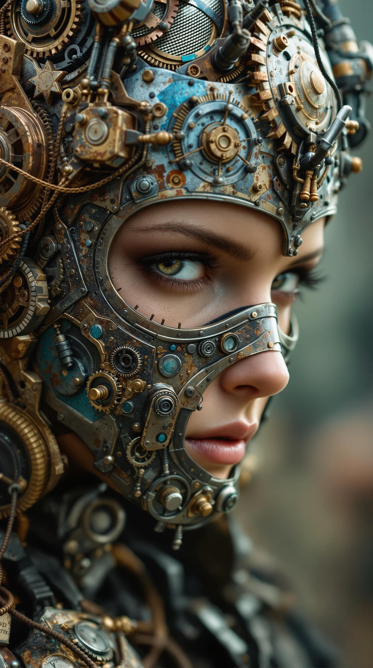 AI generated: A photo of a close- up of a humanoid figure adorned with intricate mechanical and steampunk elements...