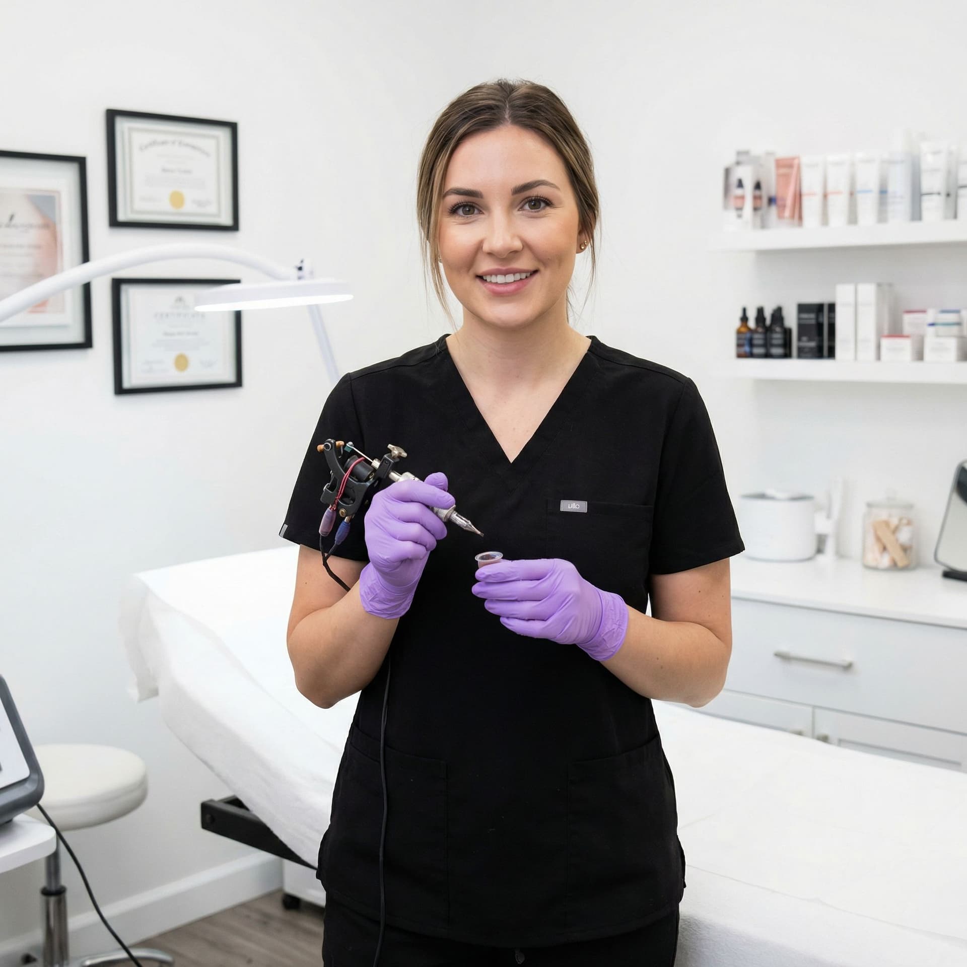 AI generated: 
woman permanent makeup artist looking at camera standing in her salon with permanent makeup machine...