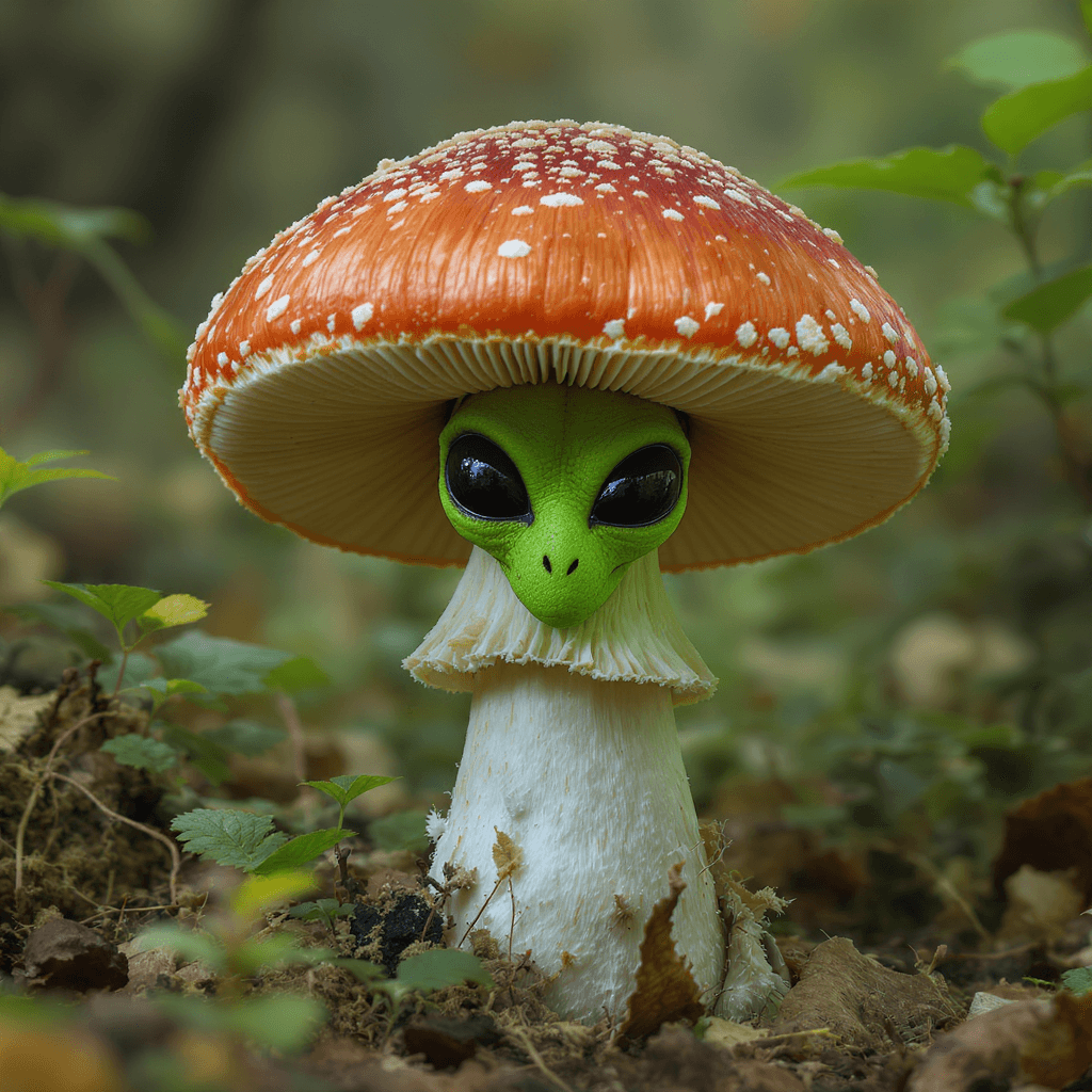 AI generated: Photograph of a mushroom alien --v 6.1 --quality 2