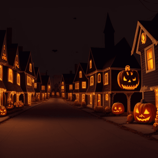 AI generated: in a realistic style a town in the Halloween season with houses decorated with many spooky decoratio...
