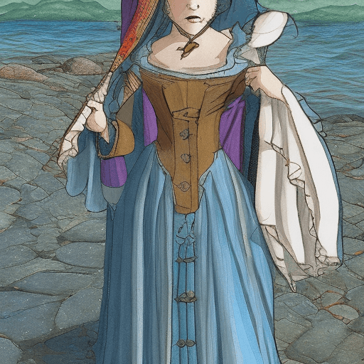 AI generated: Woman dressed with medieval clothes singing by the sea of Vigo (Spain). Ghibli drawing style.