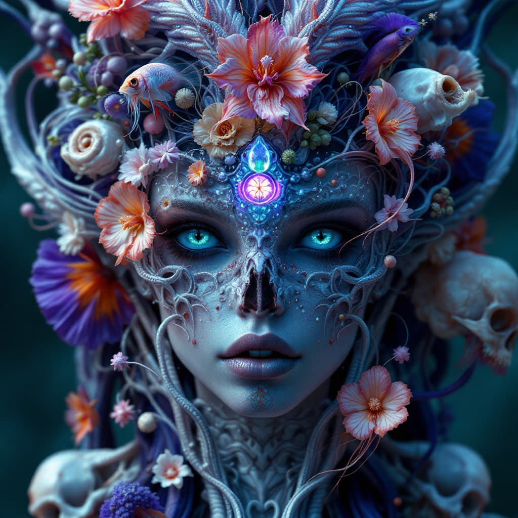 AI generated: Goddess close-up portrait ribcagel. jellyfish phoenix head, nautilus, orchid, skull, betta fish, bio...